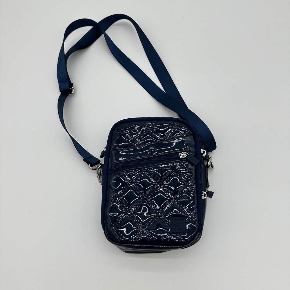 IHKWIP Navy Blue Quilted Patent Crossbody Messenger Bag Small Travel‎ Organizer